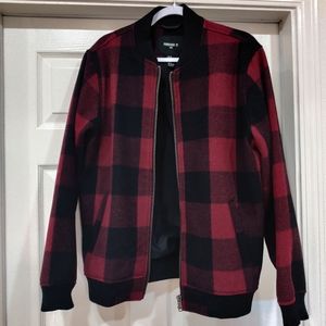 Wool Blend Black Red Stripe Plaid Heavyweight Zip Bomber Jacket